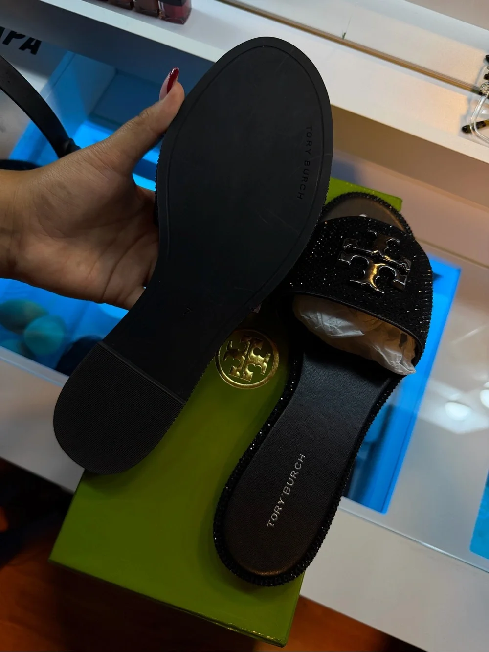 Tory Burch Black Crystal Slide Mule with Logo Accent